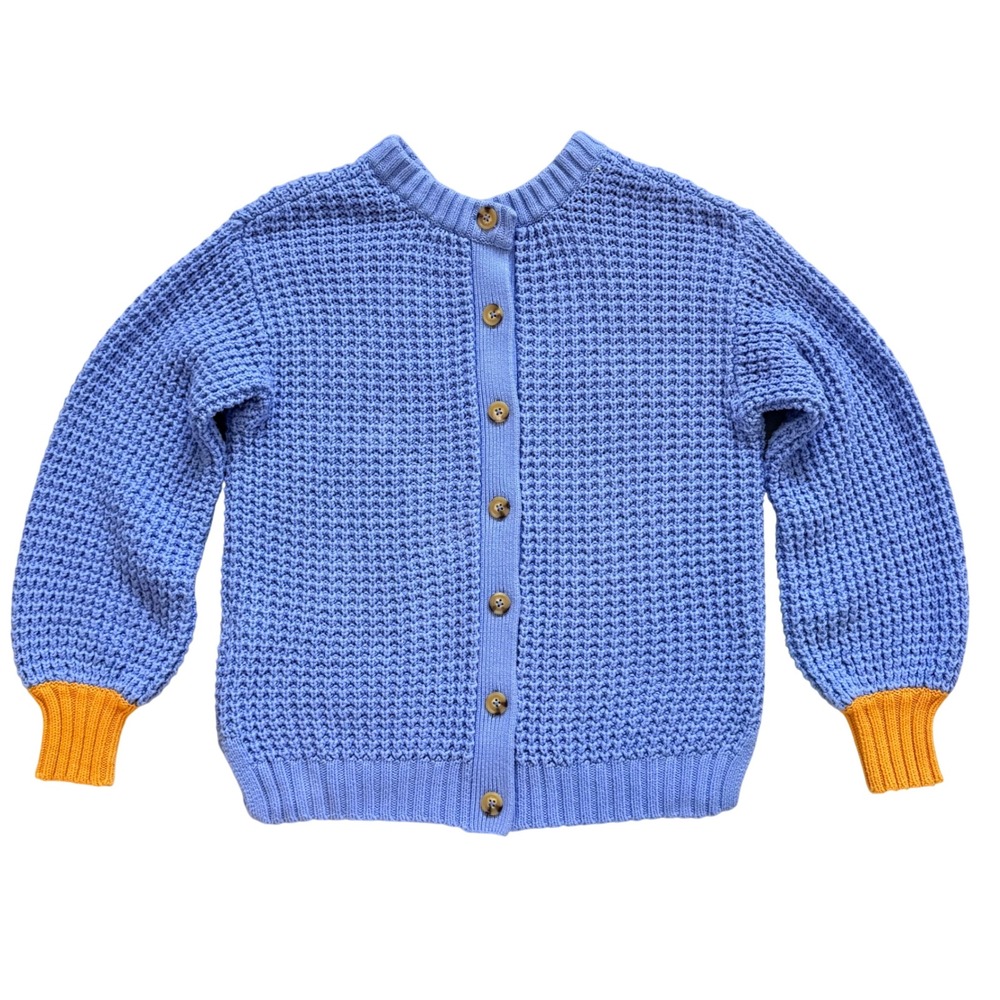 POPSUGAR Waffle Knit Cardigan Sweater Blue Mustard Yellow Cuffs Womens Medium